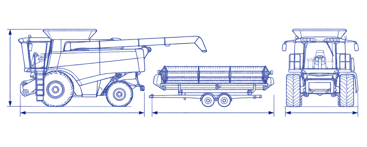 Line drawing of a combine without its head in side and front view, with the head on a header cart beside it, and arrows marking the combine’s height, length and width and the head’s length.