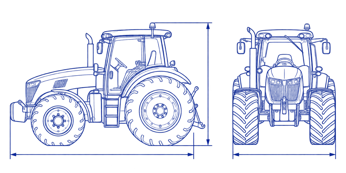 Line drawing of a farm tractor in side and front view with arrows marking its overall height, length and width.